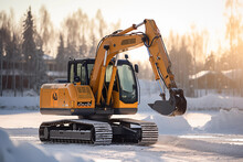 Construction Site Crawler Excavator Stands In A Winter Scenery. Construction During Winter And Snow, Stranded In Winter Conditions.