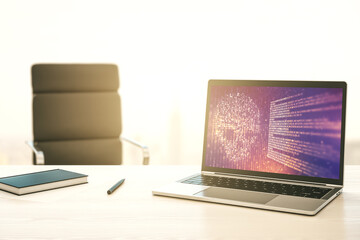 Poster - Modern computer monitor with creative code skull hologram. Malware and cyber crime concept. 3D Rendering