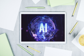 Poster - Creative artificial Intelligence symbol concept on modern digital tablet display. Top view. 3D Rendering