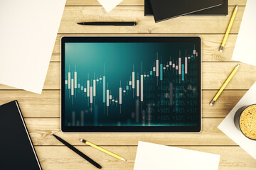 Aufkleber - Modern digital tablet monitor with abstract creative financial chart, research and analytics concept. Top view. 3D Rendering