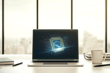 Poster - Modern computer display with creative human brain microcircuit. Future technology and AI concept. 3D Rendering