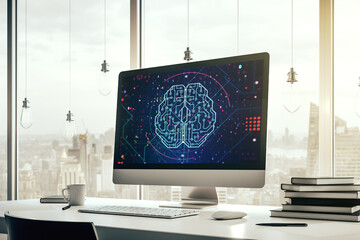 Aufkleber - Modern computer display with creative human brain microcircuit. Future technology and AI concept. 3D Rendering
