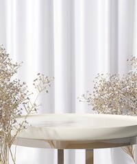 Empty modern glossy white round podium side table, flower bouquet, soft drapery curtain drapes in sunlight for luxury cosmetic, skincare, beauty treatment, fashion product display background 3D