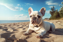 The Animal Portrait Of A White Cute French Bulldog Lying And Sunbathing On The Sand Of A Beautiful Beach During Summer Vacation. Generative AI.