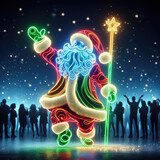 Fototapeta Las - A neon Santa dancing on New Year's Eve while people watch and cheer him on. Imaginative and beautiful image of Santa Claus with a magic wand, people's happiness in the new year