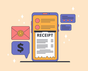 Poster - A smartphone with an electronic receipt on the screen. Vector illustration of a message about a financial transaction, mobile bank, account.