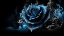 Neon Blue Rose Wrapped In Blue Smoke Swirl On Dark Background