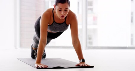 Wall Mural - Fitness, breathing and push up with a woman on the floor of a living room in her home for health or wellness. Exercise, workout and mat with a strong young athlete in her apartment for training