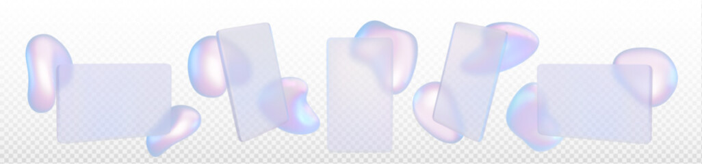 Poster - 3d holographic glass morphism abstract liquid bubble shape. Futuristic chrome colorful iridescent color dynamic form with card surface and blur effect on surface isolated on transparent background