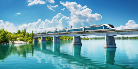 Wall Mural - A train making its way across a water bridge