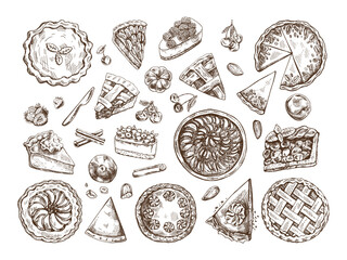 Hand-drawn vintage set of traditional cakes, tarts and pies sketch. Sweet bakery, fruit, berries. Top view. Vector collection of ink baking illustration. Food for Thanksgiving, Christmas.