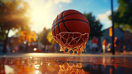 Wall Mural - Basketball hoop and ball on a basketball sports court