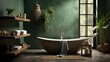 Deep dark green Bathroom interior in minimalist style, light and spacious with wooden elements and plants