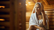 Woman sitting relaxed in a wooden sauna.