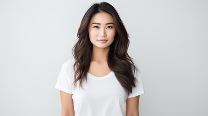 Attractive brunette Asian woman wearing a white t-shirt and glasses Isolated on white background.