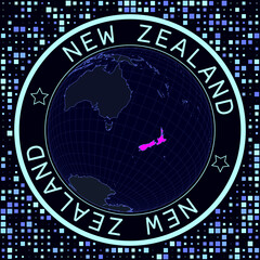 Poster - New Zealand on globe vector. Futuristic satellite view of the world centered on New Zealand. Geographical illustration with the shape of the country and squares background.