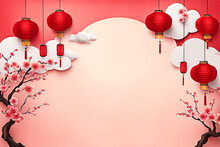 Chinese New Year Background Banner With Chinese Paper Lanterns,peach Blossom, Peony,red Tone. Chinese Banner Desing Concept.