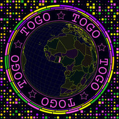 Poster - Futuristic Togo on globe. Bright neon satellite view of the world centered on Togo. Geographical illustration with the shape of the country and geometric background. Astonishing vector illustration.