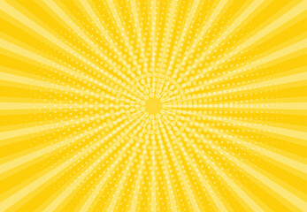 Poster - Sunbeams with dots yellow background. Abstract background with halftone dots design. Vector illustration.