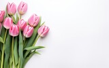 Fototapeta Tulipany - Happy start of spring poster. Pink tulips bouquet isolated on white background. Nice garden flowers. Copy space, top view, over the shoulder. Pastel colors. Fresh sale banner design. AI Generative.