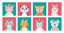 Postcards With Cute Animals. Panda, Deer, Llama, Pig, Mouse, Cat, Koala, Raccoon In Flower Crowns. Vector Childrens Illustration. 