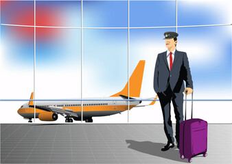 Wall Mural - Airport scene with airplane and pilot images. Vector 3d  illustration for designers