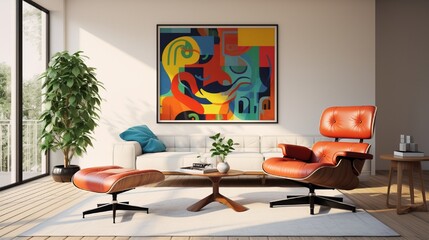 Wall Mural - A mid-century modern living room with iconic furniture pieces, such as a classic Eames lounge chair and a retro coffee table.