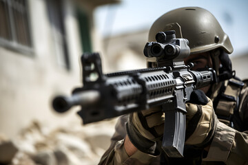 close up shot of israeli soldier in uniform aiming rifle