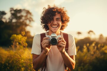 Photo of a beaming young man capturing memories with his camera. Generative AI