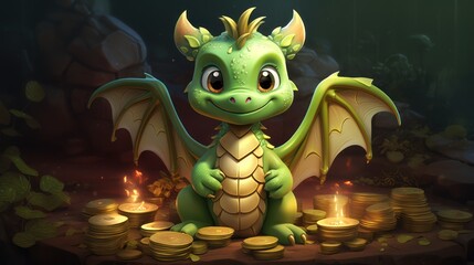 Wall Mural -  a green dragon sitting on top of a pile of gold coins next to a pile of gold coins with a lit candle in the middle of the front of it.