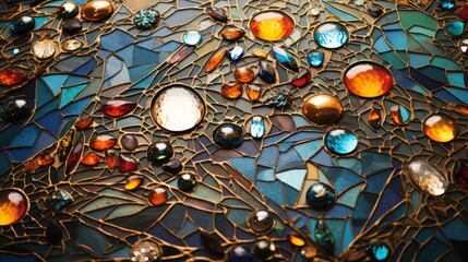 Sticker -  a close up of a table with many different colored glass beads on it and a clock in the middle of the table with a clock in the middle of the middle of the table.