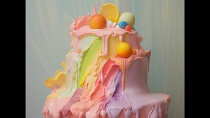 Sticker -  a close up of a cake with icing and fruit on top of it with icing on the top of the cake and fruit on top of the cake.