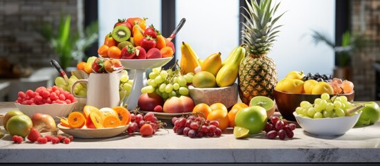 Wall Mural - background, a table was set with an array of colorful fruits, including green apples and ripe bananas, creating a vibrant and healthy breakfast spread. A tropical cocktail, complete with a garnish of