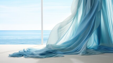 Sticker -  a view of the ocean from a room with a blue drape and a window with a view of the ocean and a white pole in the distance is a blue sky.