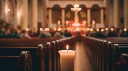 Sticker -  a candle sitting in the middle of a pew in a church with people sitting in the pews and a chandelier hanging from the ceiling in the background.