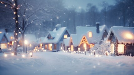 Poster -  a night scene of a snowy village with a lot of lights on the houses and a lot of snow falling down on the trees and snowing on the ground.