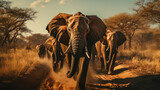 Fototapeta  - Elephants in wild nature, running on camera. Action wildlife scene with dangerous animal. Loxodonta Africana.