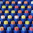 many colorful gift box with red ribbon put on blue color stage mock up. Christmas idea concept Celebration. 3D Rendering.