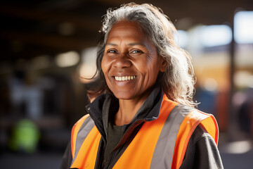 portrait of smiling mature female engineer on site high vis vest, and ppe