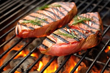 Wall Mural - charred tuna steaks on a barbecue grill