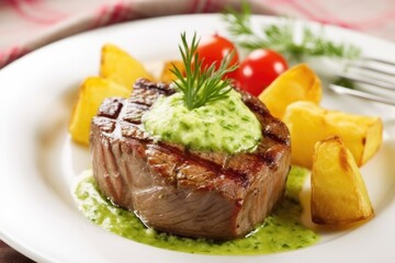 Poster - lamb chop with grill marks laid over a bed of pureed potatoes