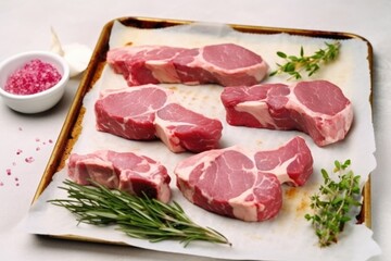 Sticker - raw lamb chops with grill marks ready to be seasoned on a pink marble slab