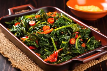 Wall Mural - stir-fried kale and spinach served on a copper tray