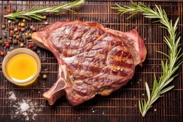 Wall Mural - top view of t-bone steak with grill marks and rosemary