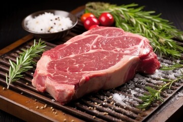 grill-marked t-bone steak with fresh thyme sprigs