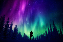 Human With Image Captures Awe-inspiring Beauty Of Northern Aurora, With A Human Silhouette Gazing Up At Ethereal Lights, Evoking A Sense Of Wonder And A Deep Connection To Cosmos