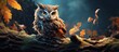 In the beautiful landscape of the forest, a cute owl perched on a branch, its brown feathers blending with the outdoors, while its closeup portrait highlighted its savage and wild nature, captivating