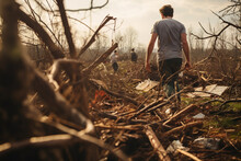 Human With Immense Power And Disorder Caused By A Strong Tornado Is Demonstrated By Destructive Trail It Leaves Behind, Scattered Debris, And Sheer Force Of Winds As They Move Across Terrain