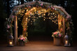 The wood wedding arch covered with ivy vine and decorated with pink and white flowers, hanging lamp, fairy light, and draping for an outdoor wedding ceremony in the evening or night. Generative AI.