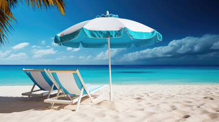 Wall Mural - Sun loungers and a beach umbrella on a tropical beach with white sand and azure sea on a sunny day